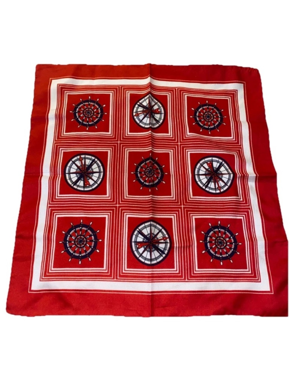 Vintage Nautical Compass Helm Square Scarf, Red White Blue Made In Italy